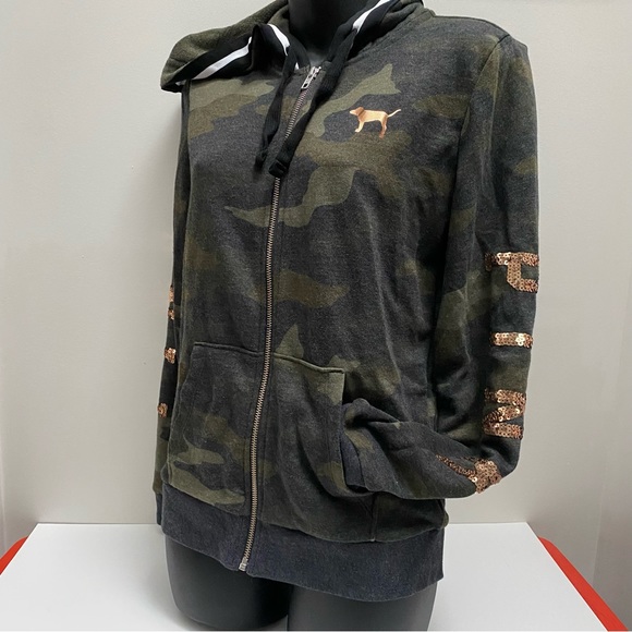 NWOT VS Pink Camo Hoodie with Rose Gold Sequins - Picture 3 of 16